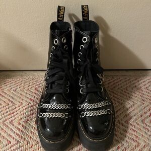 Dr. Martens Jadon Max Chain Black Patent Leather Boots with Silver Chain
